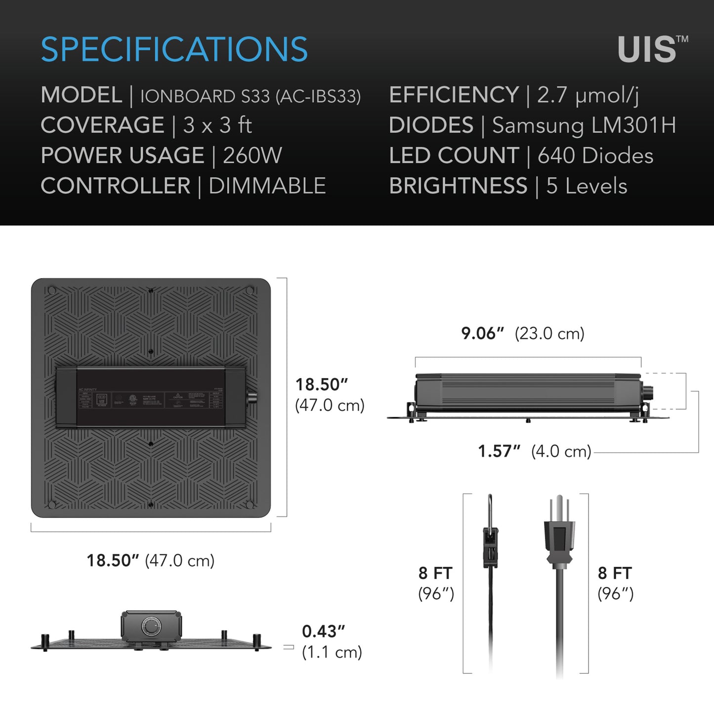 IONBOARD S33, Full Spectrum LED Grow Light 260W, Samsung LM301H, 3x3 Ft. Coverage