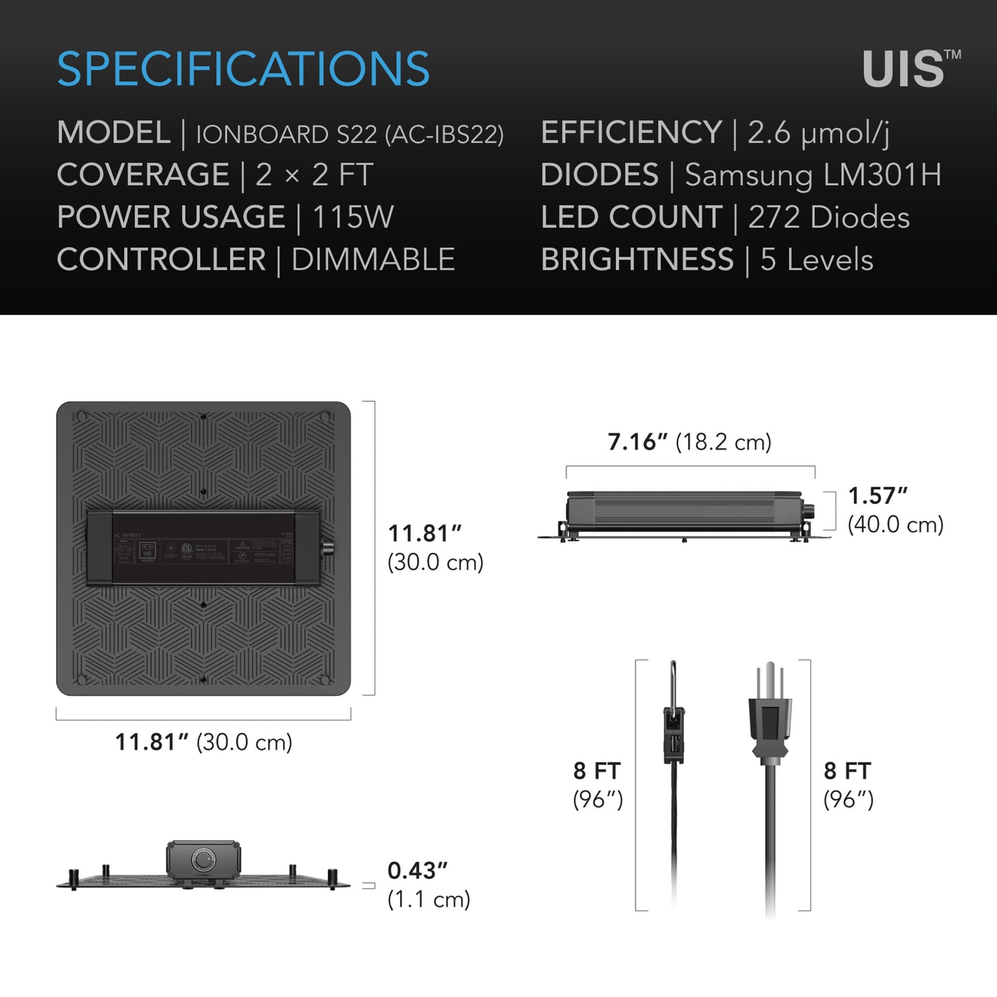 IONBOARD S22, Full Spectrum LED Grow Light 115W, Samsung LM301H, 2x2 Ft. Coverage