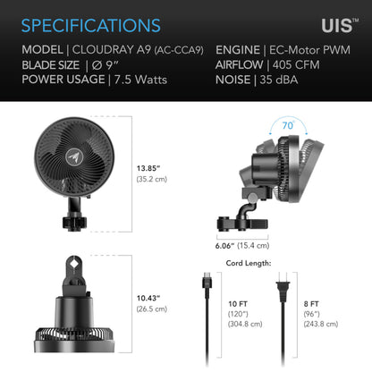 CLOUDRAY A9, Grow Tent Clip Fan 9” with 10 Speeds, EC-Motor, Manual Swivel
