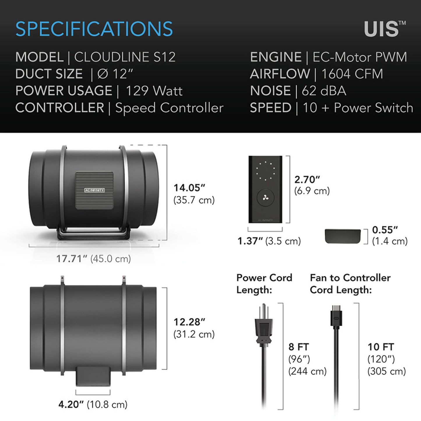 Fans and Combos - CLOUDLINE PRO S12, Quiet Inline Duct Fan System