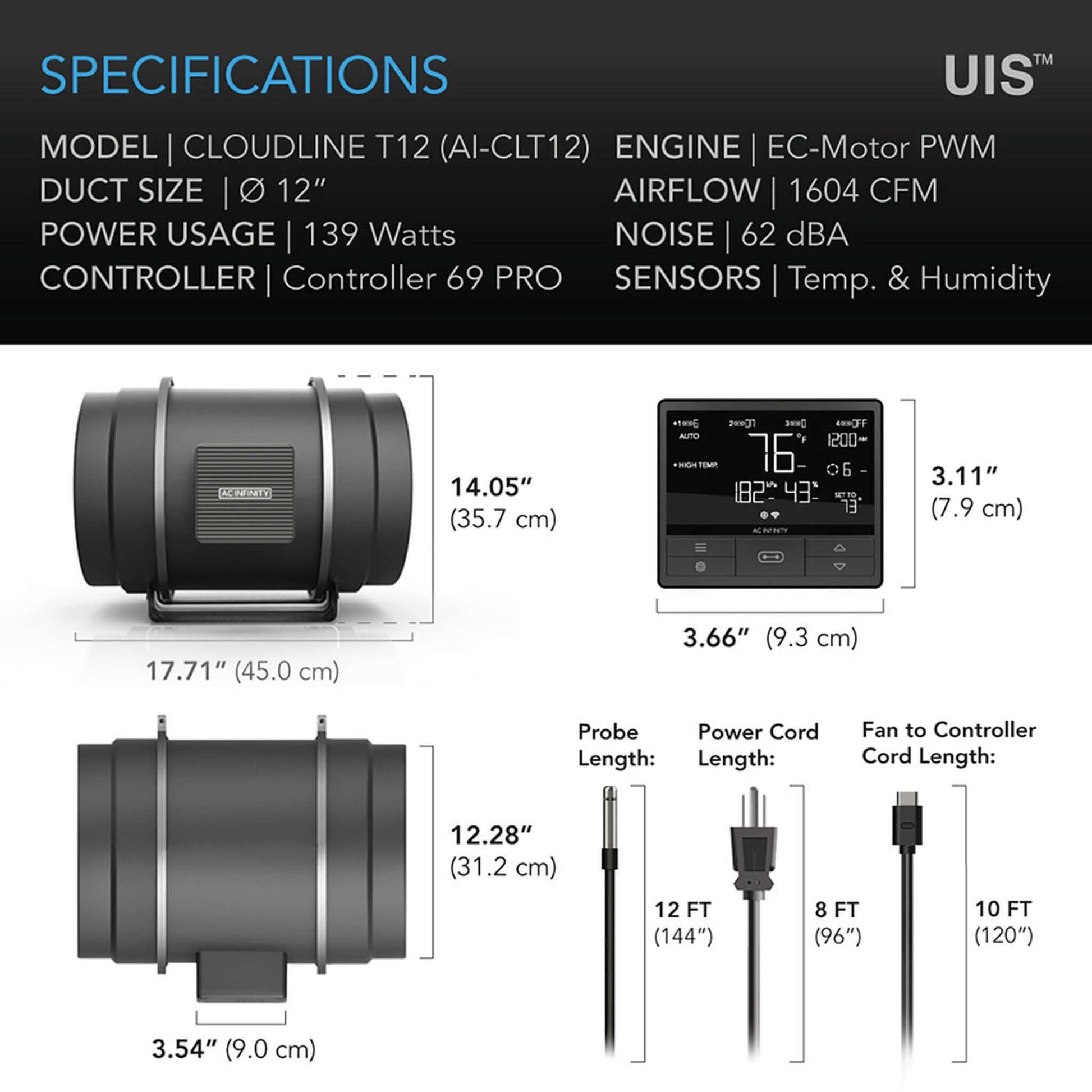 Fans and Combos - CLOUDLINE PRO T12, Quiet Inline Duct Fan System