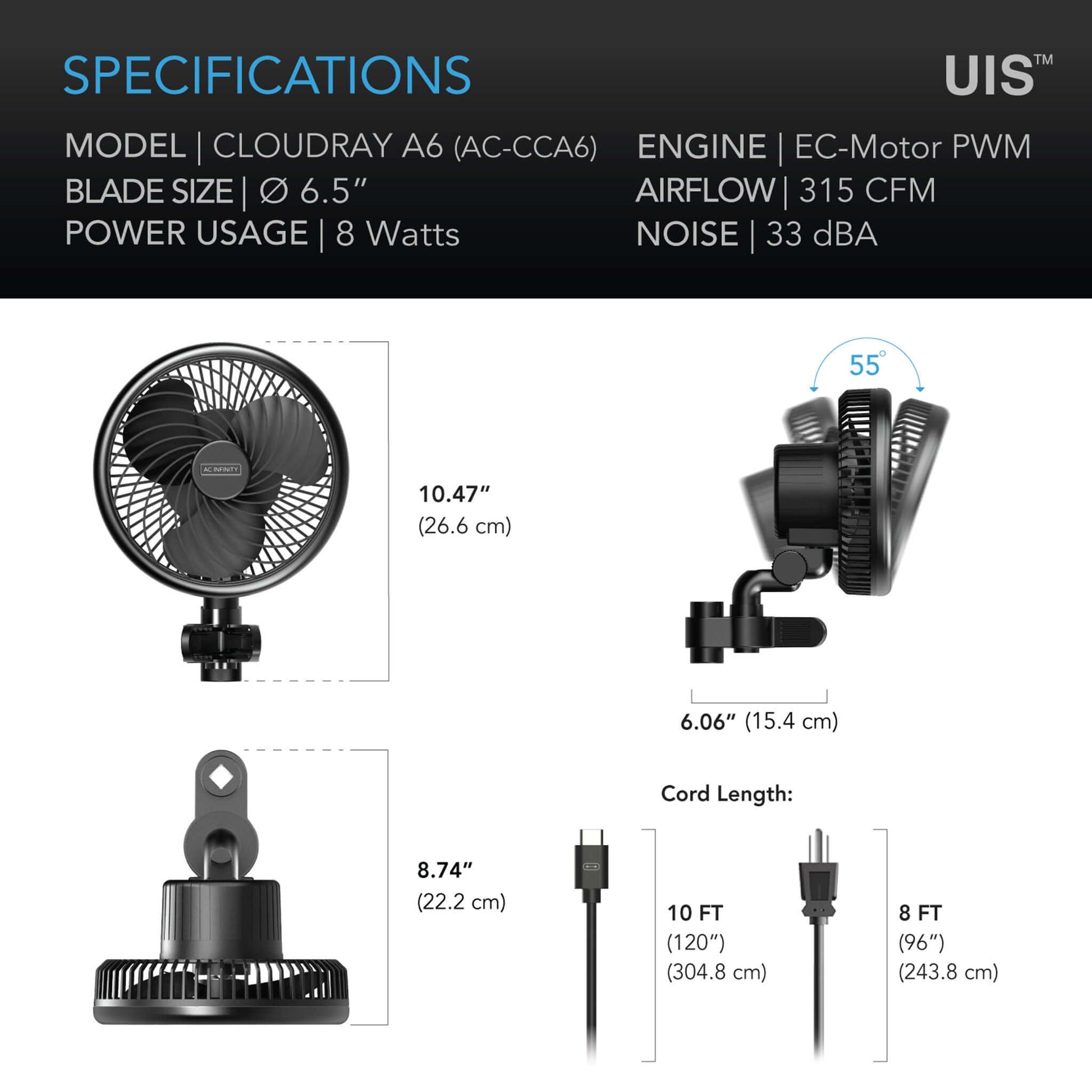 Fans and Combos - CLOUDRAY A6, Grow Tent Clip Fan 6" with Brushless Motor