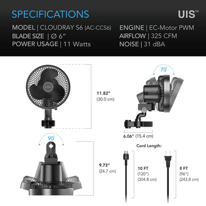 Fans and Combos - CLOUDRAY S6, Gen 2 Grow Tent Clip Fan 6” with Brushless Motor