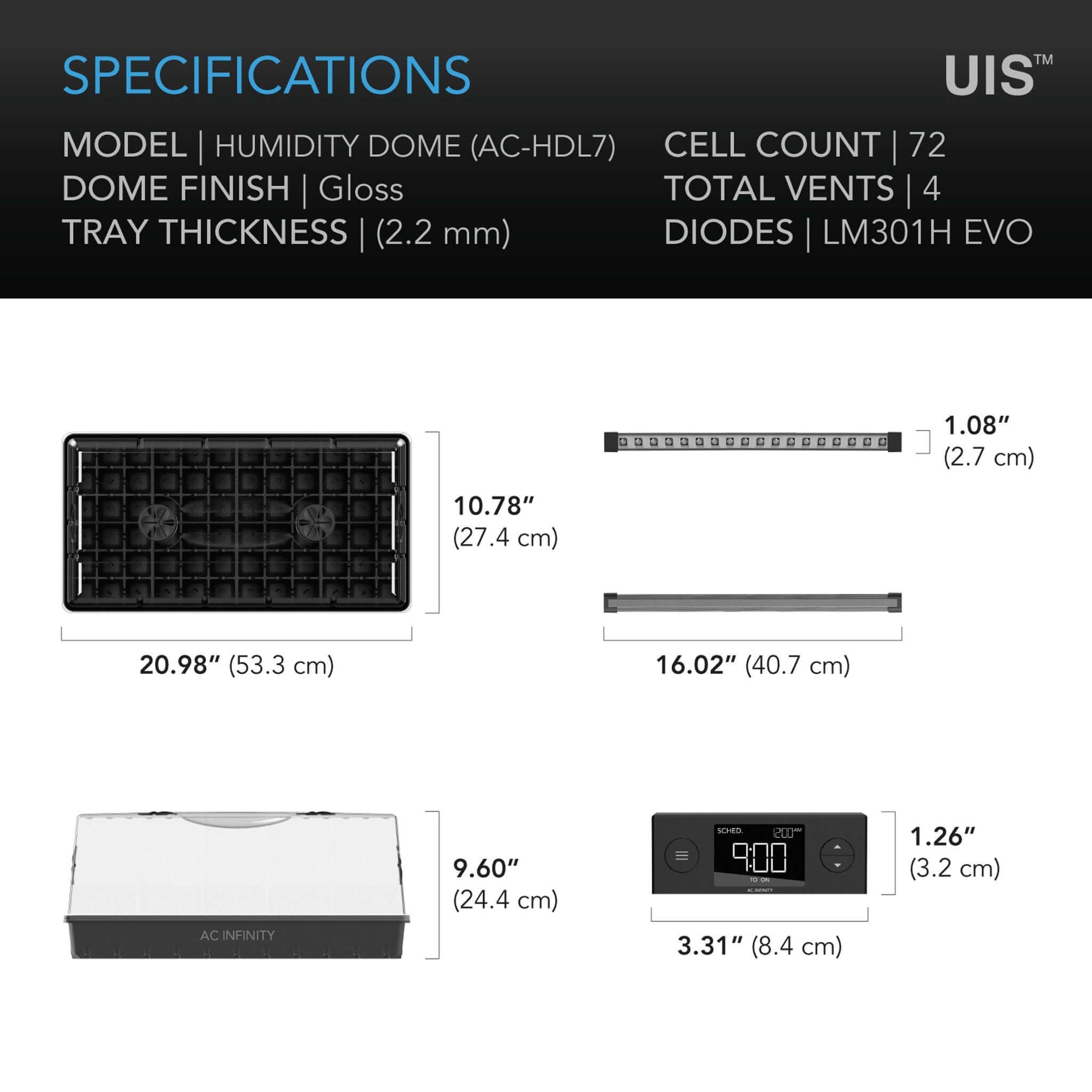 Environmental Controls - Humidity Dome, Germination Kit with LED Grow Light Bars, 6x12 Cell Tray