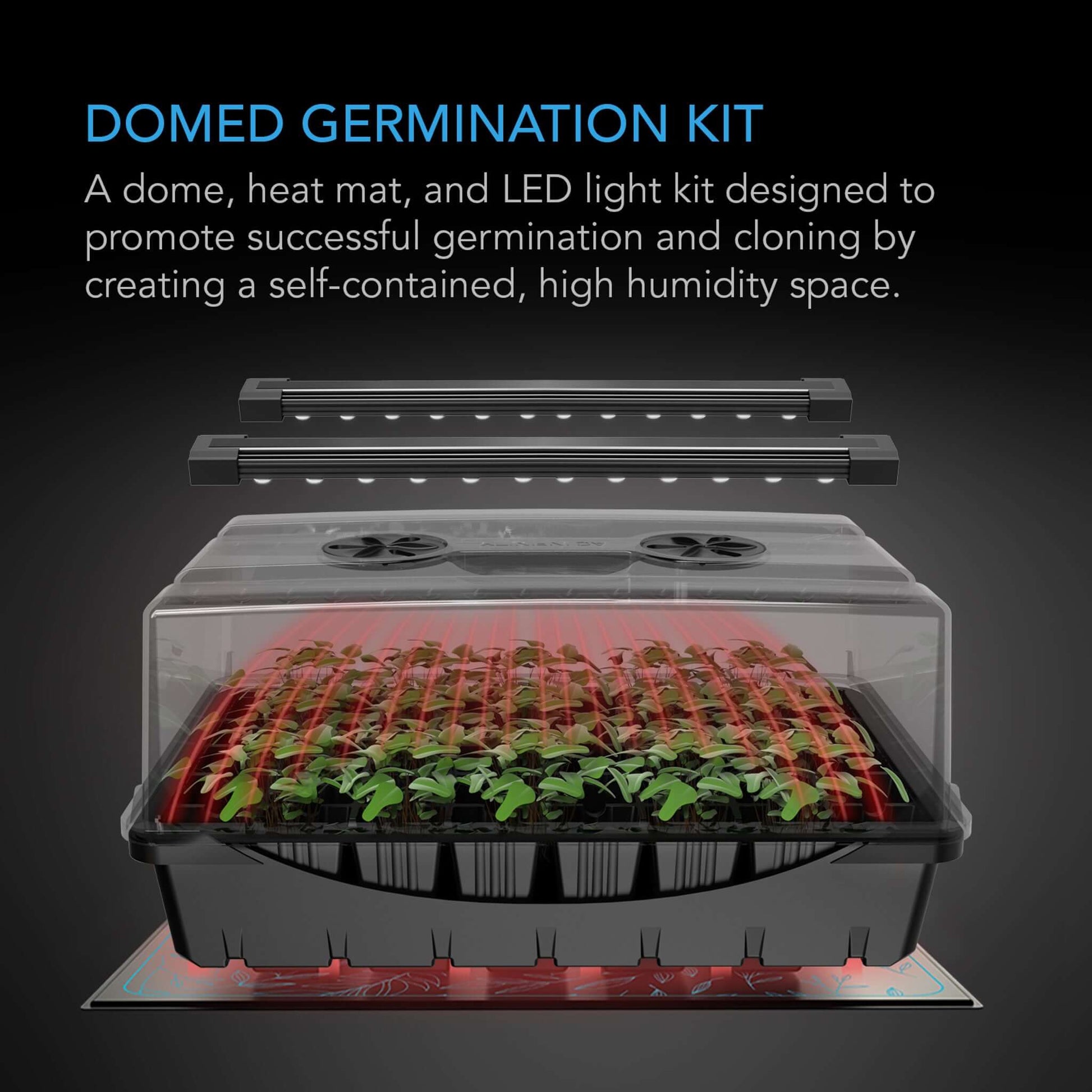 Environmental Controls - Humidity Dome, Germination Kit with Seedling Mat and LED Grow Light Bars, 5x8 Cell Tray