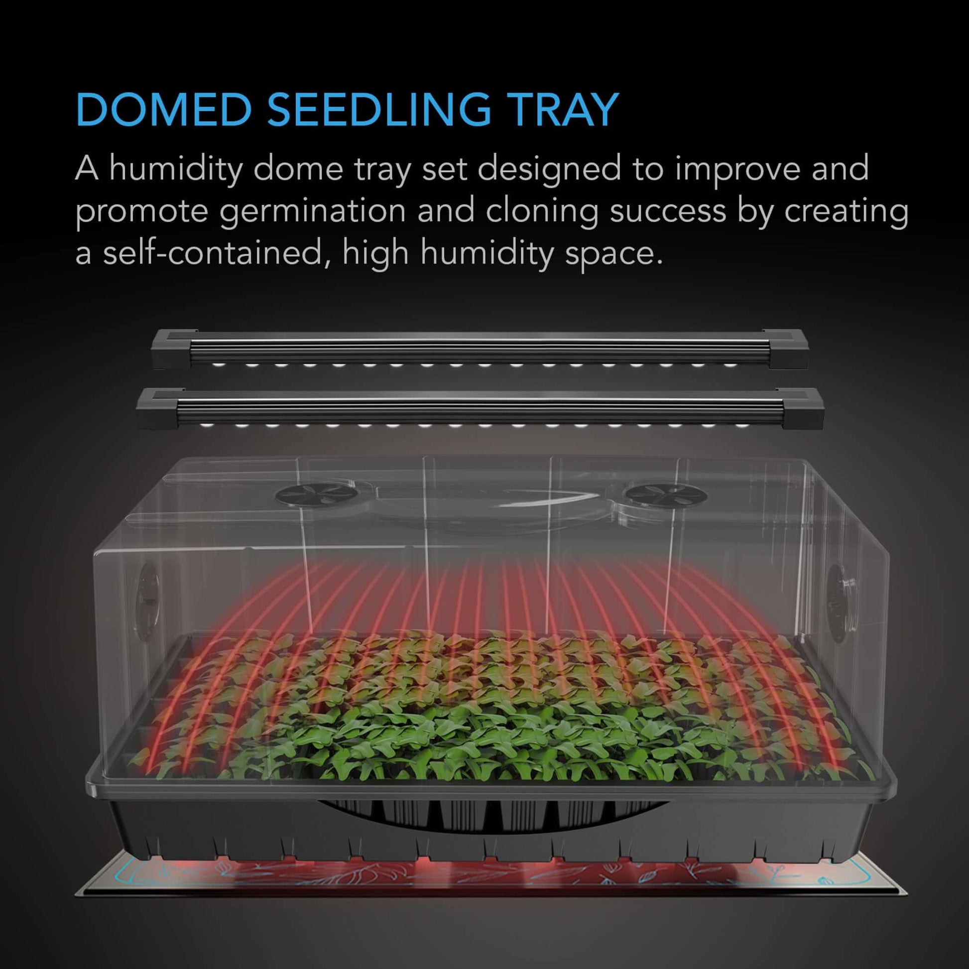 Environmental Controls - Humidity Dome, Germination Kit with Seedling Mat and LED Grow Light Bars, 6x12 Cell Tray