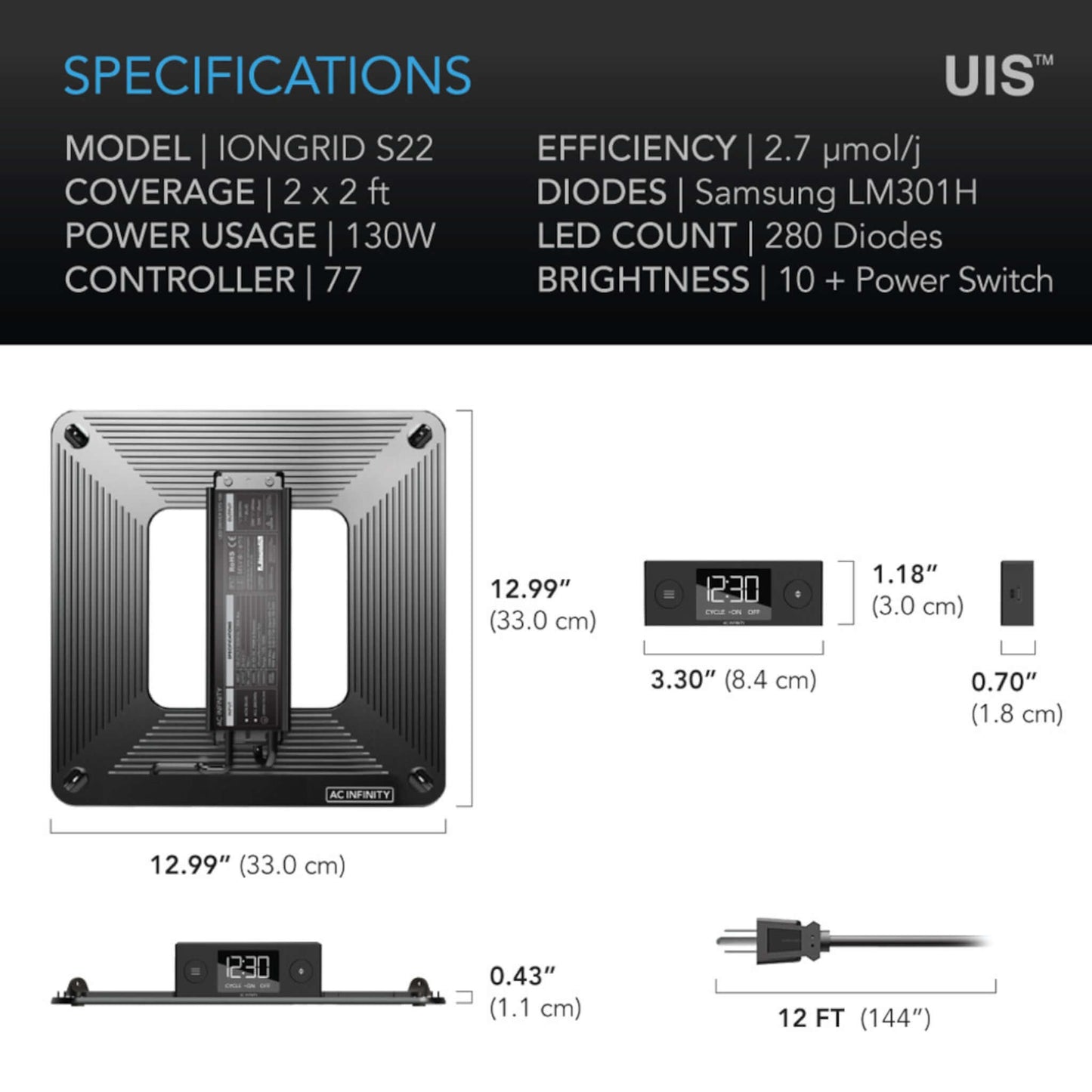 Lighting - IONGRID S22, Full Spectrum LED Grow Light 130W, Samsung LM301H, 2x2 Ft. Coverage