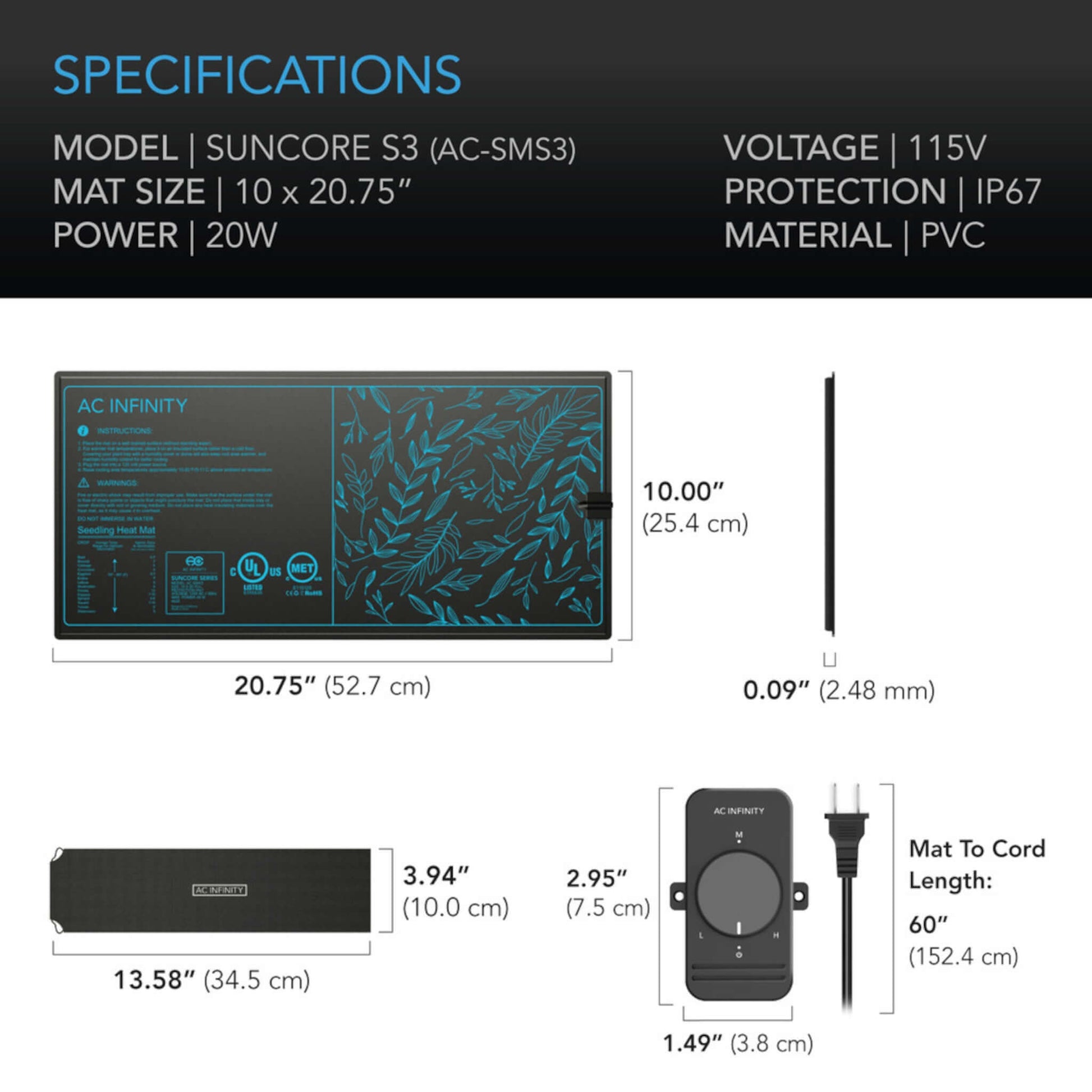 Environmental Controls - SUNCORE S3, Seedling Heat Mat with Heat Controller